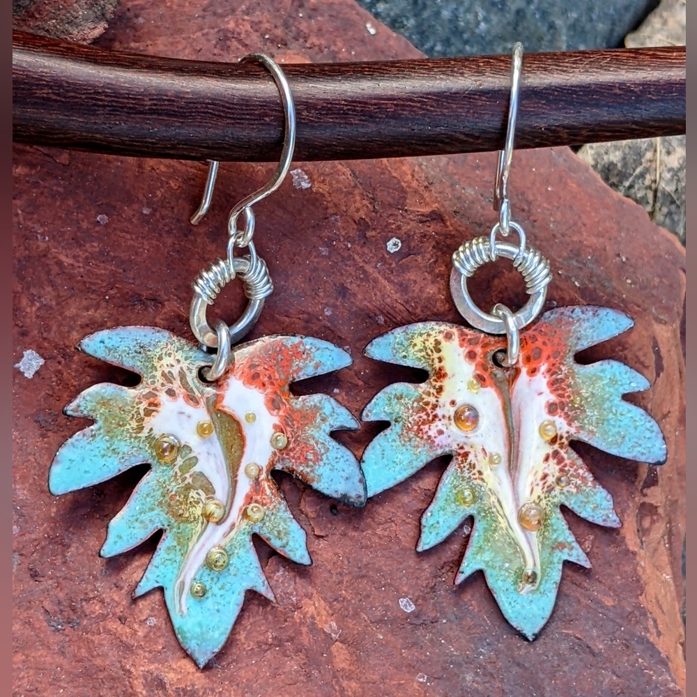 Hand Crafted Sterling Silver Earrings Artisan Leaf Charm Wire Wrap Hoop - Picture 12 of 15